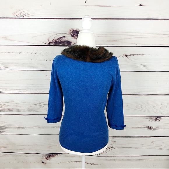 URCHIN Royal Blue Cashmere Faux Fur Collar Sweater - Picture 6 of 8
